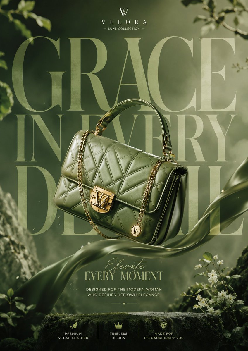 Luxury handbag advertisement with floating product typography